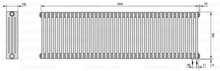 Схема (чертеж) Радиатор Zehnder Charleston 4090/40 №5510 Белый глянцевый RAL 9016